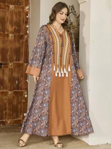Al Najma Plus Size V-Neck Digital Printing Tassel Dress, Elegant Arabic Style - Multicolor - View 3
