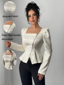 Rafferiza 女式新款优雅中国新年风格方领提花泡泡袖复古珍珠链收腰衬衫 - 白色 - 查看 7