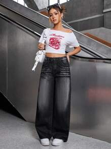 SHEIN Explorewe Teen Girl Rhinestone Accent Wide Leg Jeans, Street Style Cool - Black - View 7