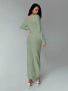 Aloruh 女式超大露肩长款针织毛衣连衣裙，秋冬 - 綠色 - 查看 2