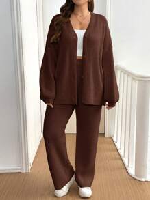 SHEIN Essnce 大码女士毛织套装，秋冬两件套，毛织两件套，女士冬季套装，休闲毛织套装，服装圣诞女装圣诞女装，女装套装冬季女装 - 棕色 - 查看 5