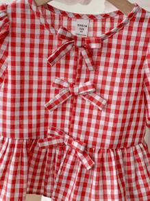 SHEIN LMoss Kids 女童春夏舒适红色格子编织蝴蝶结细节泡泡袖衬衫，情人节、上学日常穿着、度假、节日，母女姐妹装。 - 彩色 - 查看 3