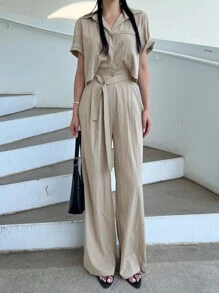 DAZY 女士休闲通勤纯色短袖衬衫和裤子两件套家居服套装