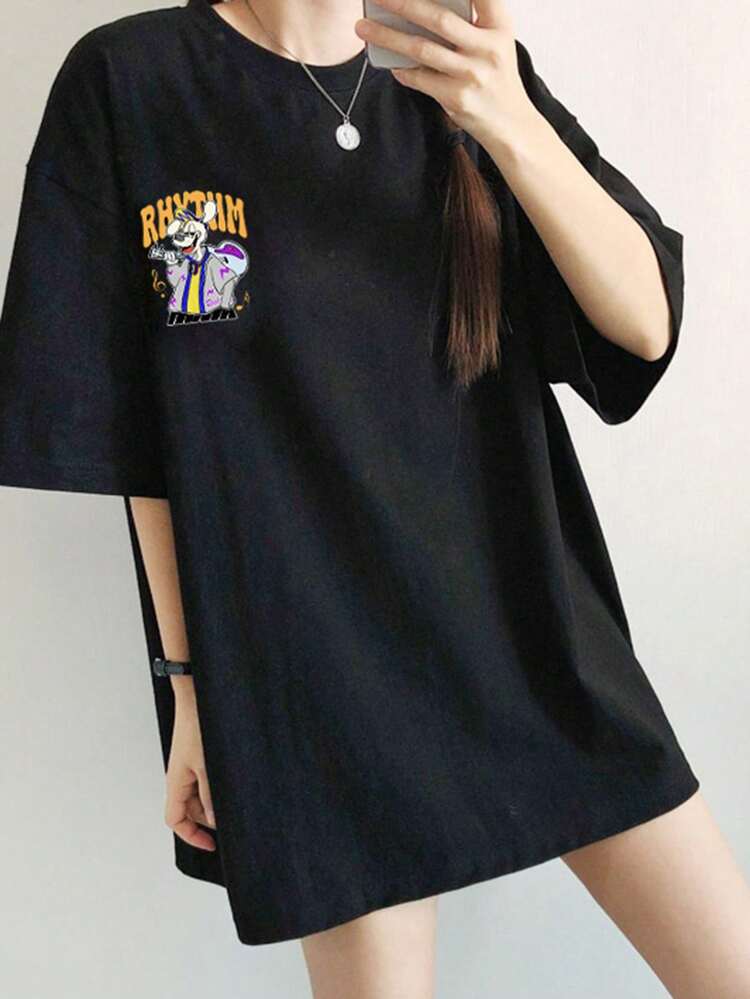 Women Loose Round Neck Cartoon Pattern Short Sleeve T-Shirt, Spring/Summer Cute Tops Oversized T-Shirt Preppy Tops