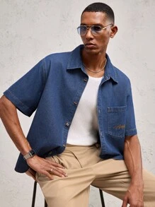 Business Casual Camisa casual holgada para hombre con bordado de letra, azul, adecuada para uso diario, primavera/verano, vacaciones - Azul - Ver 2