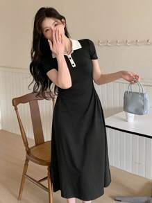 DAZY Women's Polo Collar Color Block Casual Short Sleeve Mid-Length Dress Sundress - Black - View 5