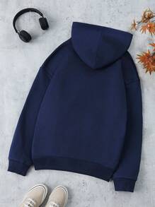 SHEIN Manfinity Dauomo Áo khoác trùm đầu tay dài có khóa kéo phía trước dành cho nam, mặc thường ngày - Màu xanh hải quân - Xem 2