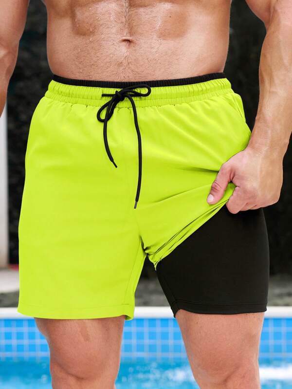 Surfspeed Pantaloni scurți de plajă pentru bărbați, cu talie cu șnur, strat dublu, verde fluorescent, hawaieni