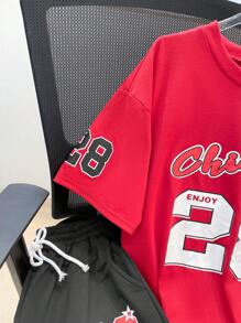 SHEIN Leap Crew 2 Pieces Casual Number & English Letter Printed Red T-Shirt & Black Shorts Set For Teen Boys, Street Punk Rock Academic Daily Outings Parties Music Festivals, Suitable For Spring/Summer, Basketball - Multicolor - View 4