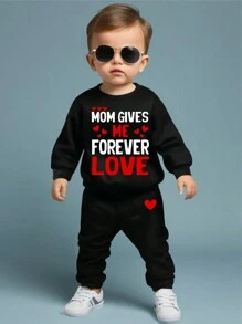 SHEIN Baby Boy Casual Minimalist Letter Pattern Knit Soft Crew Neck Sweatsuit, Thick Hoodie Outfit Set For Valentine's Day