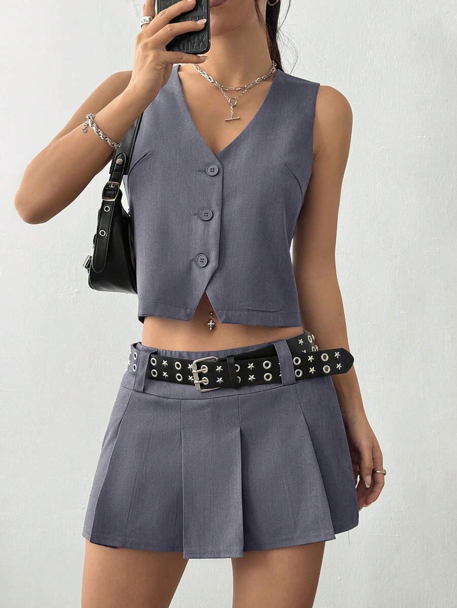SHEIN MOOSTA Conjunto de 2 piezas para mujer con chaleco de un solo abotonadura de unicolor y falda mini plisada - Gris - Ver 1