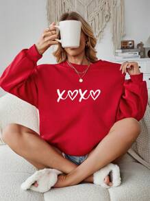 SHEIN LUNE Heart Simple Graphic Printed Loose Fit Crew Neck Long Sleeve Sweatshirt, Plus Size - Red - View 6