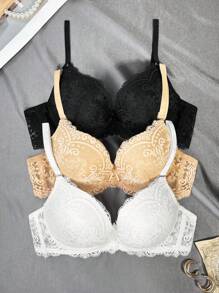 3pcs French Lace Padded Push-Up Bras With Underwire, Thin On Top Thick On Bottom Design To Enhance Petite Bust Lingerie - Multicolor - View 4