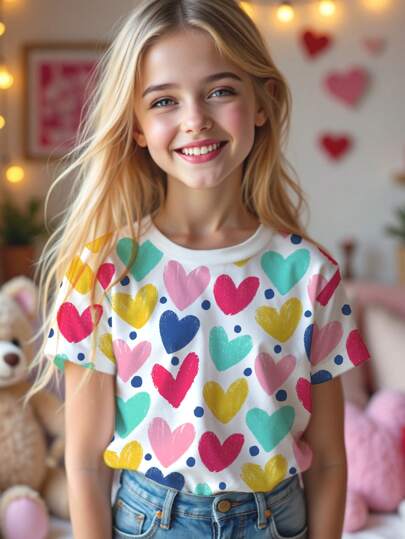 Emery Rose Kids Emery Rose Kids Día de San Valentín, Camiseta de manga corta de cuello redondo con estampado de corazón y lunares, estilo minimalista informal para niñas preadolescentes, adecuado para verano