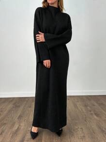 EURMUSE Sparkling Black Ribbed Knit Midi Dress – Sleek And Elegant Evening Style - Black - View 3