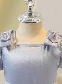 女孩优雅正式荷叶边领泡泡袖高腰缎带装饰缎面连衣裙，适合婚礼和花童，夏季 - 藍色 - 查看 6