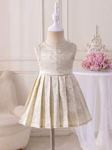 Glamorique Kids Baby Girl Elegant Sleeveless High-Low Jacquard Pleated Dress, Suitable For Party, Outing, Summer - Apricot - View 3