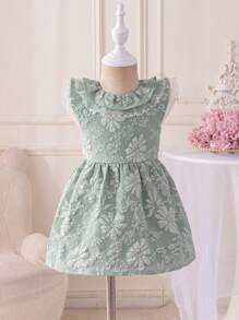 Glamorique Kids Vestido de princesa elegante y lindo para bebés niñas, manga corta con cuello de volantes, de satén estructurado, para primavera/verano - Verde - Ver 8