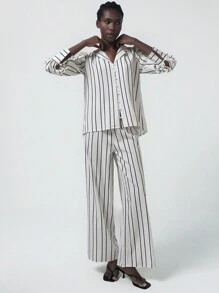 Aveloria Modichic 2 件套女士休闲时尚衬衫，翻领和纽扣衬衫 + 裤子，百搭条纹办公装 - 彩色 - 查看 5