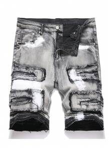 Manfinity Homme Plus Size Men's Ripped Pocket Casual Denim Shorts Tropical Street Hang Out, Emo Style - Grey - View 1