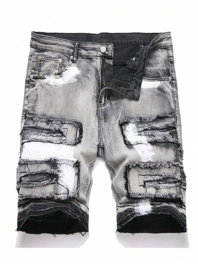 Manfinity Homme Pantalones cortos vaqueros casuales con bolsillos rotos y estilo tropical para salir, estilo emo, talla grande para hombres