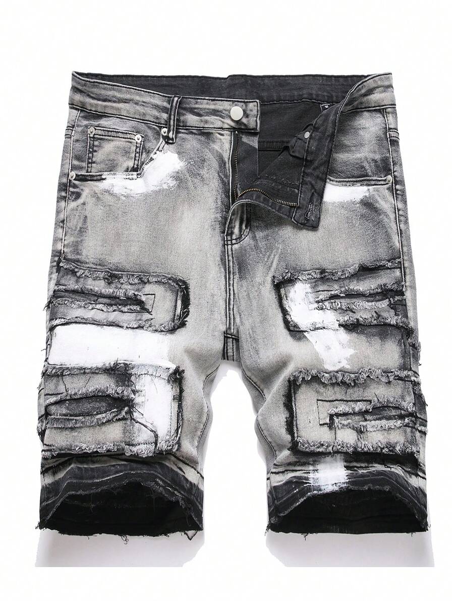 Manfinity Homme Plus Size Men's Ripped Pocket Casual Denim Shorts Tropical Street Hang Out, Emo Style - Grey - View 1