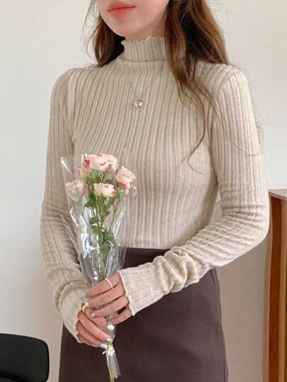 DAZY 1pc Women Solid Stand Collar Long Sleeve Minimal T-Shirt, Casual Everyday Wear,Back To School Clothes Cute Tops