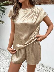 Breezaya Women Metal Feel Pleated Short Sleeve Shorts 2 Pieces Set, Holiday Leisure Wear