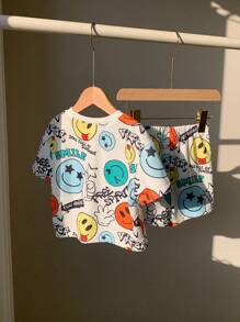 SHEIN Baby Boy Cartoon Print Short Sleeve T-Shirt And Elastic Waist Shorts 2pcs Set, Summer - Multicolor - View 2