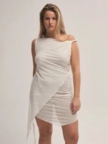 MUSERA Vestido mini sexy con hombros asimétricos de malla y envolvente delantero, para citas, noches de chicas, vacaciones, ocasiones, invitadas de boda. Fluido y versátil para otoño, invierno, Navidad, fiesta de Acción de Gracias, elegante y chic.