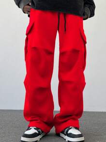 Manfinity Hypemode Men's Casual Solid Color Drawstring Waist Cargo Sweatpants - Red - View 3