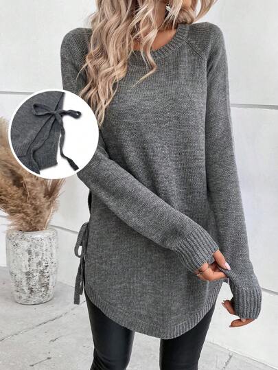 EMERY ROSE Raglan Sleeve Knot Side Sweater Knit Pullover Fall Winter Outfit