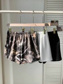 Conjunto de 3 piezas de shorts casuales de punto sólido, estampado de rama desnuda y camuflaje para niña preadolescente, de vuelta a la escuela, a juego con mamá - Multicolor - Ver 4