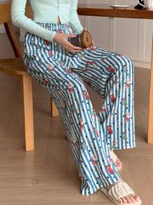 DAZY Striped Cartoon Print Wide Leg Loose Pajama Pants, Fall, Winter - Green - View 7