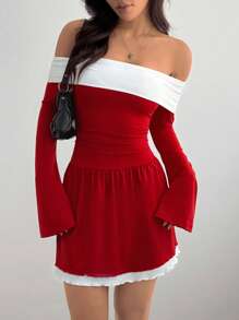 SHEIN EZwear Women's Contrast Color Off Shoulder Long Sleeve Ruched Fashionable Short Dress - Burgundy - View 1