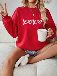 SHEIN LUNE Heart Simple Graphic Printed Loose Fit Crew Neck Long Sleeve Sweatshirt, Plus Size - Red - View 2