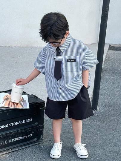 SHEIN 2pcs Gift Set Includes Shirt & Tie, Baby Boy Cute Striped Short Sleeve Shirt With Tie, Versatile Summer