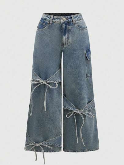 Kawaii Plus Size Women's Versatile Bowknot Decor Wide Leg Loose Boyfriend Jeans