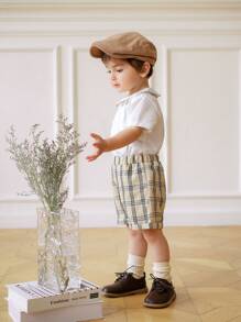 Souflis Souflis Set de 2 piezas para niños: Camisa de manga corta con cuello + Pantalones cortos a cuadros de cintura elástica, conjunto casual y versátil para uso al aire libre - Multicolor - Ver 5