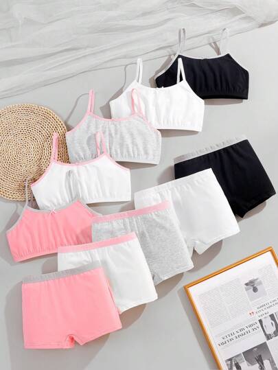 Conjunto de 10 piezas para niña preadolescente que incluye sostén con cierre frontal simple, camiseta interior y bragas, con tirantes de colores variados en negro/blanco/gris, sujetador deportivo y bragas con cinturilla
