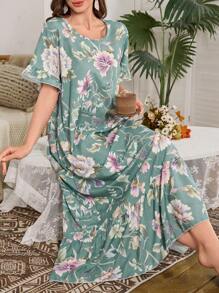Bubble Ruffled Floral Print Long Nightgown Babydoll Luxeloungewear, Moo Moo - Multicolor - View 5