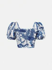 Girlism Tween Girl Blue & White Floral Knitted Crop Top & Shorts Set With Fitted Bubble Sleeves For Girl, Holiday/Casual Outfit - Blue and White - View 7