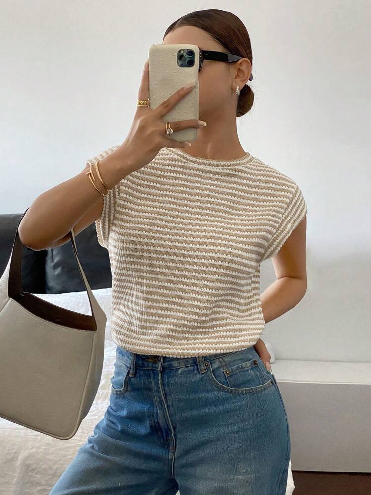 Siren Gaze Women Striped Round Neck Short Sleeve Casual T-Shirt Summer - Apricot - View 5