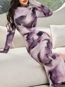 Modelyn Women's Elegant Marble Print Ruched Fitted Dress - Purple - View 1