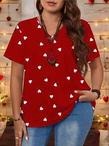 SHEIN Essnce Heart Print Casual Loose Plus Size Women Short Sleeve T-Shirt, Suitable For Summer,Valentine's Day