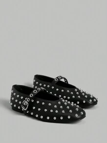 Ontre Square Toe Flat Strappy Fashionable Women Casual Flat Shoes, Punk/Biker Style Spring Shoes Spring Break Easter For Christmas - Black - View 2