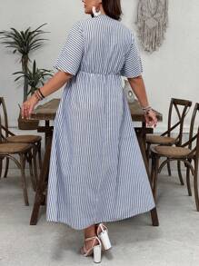 SHEIN VCAY Plus Size Striped V-Neck Short Sleeve Dress, Simple Casual Everyday Wear - Blue and White - View 2