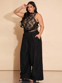 SHEIN BAE Plus Size Women Black Wide Leg Pants, High Waist Full Length Trousers, Suitable For Valentine's Day, Carnival, Beach, Holiday, Back To School, Spring/Summer, Commute, Daily Wear, Date