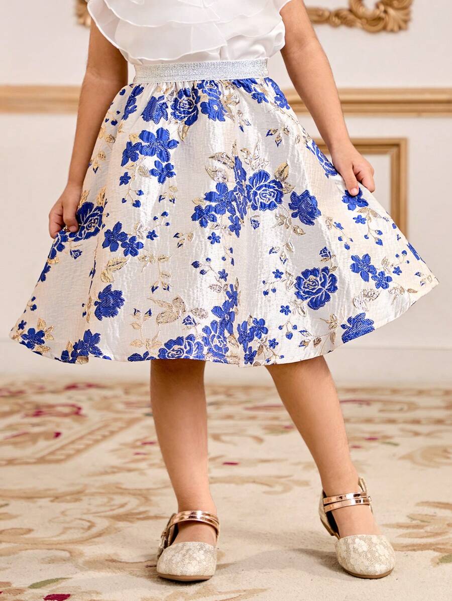 SHEIN Loose Cute Jacquard Pattern A-Line Skirt For Young Girls - Blue - View 1