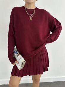EURMUSE Women's Rich Burgundy Knitwear Set – Cozy Sweater With Matching Skirt For A Timeless Chic Look